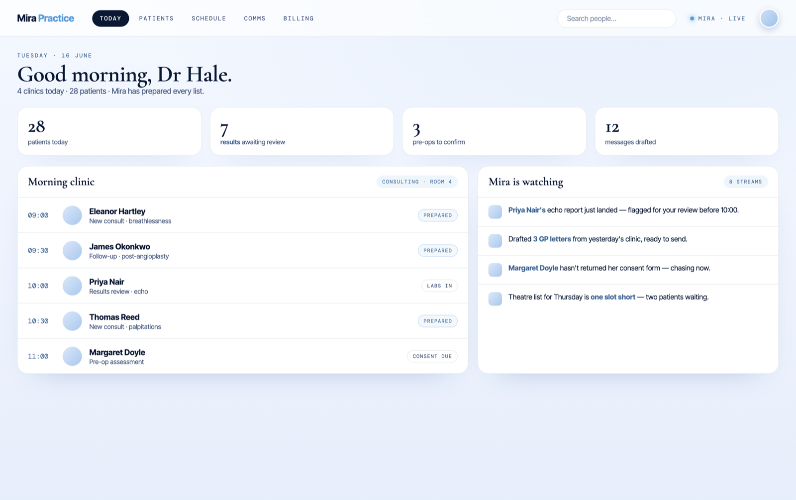 Mira Practice — today's list